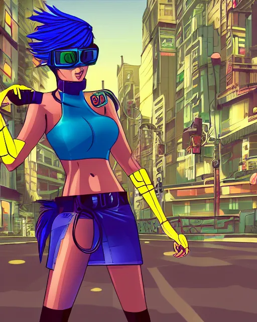 Image similar to cel shaded art of a pretty blue haired girl, jet grind radio graphics, cyberpunk city street background