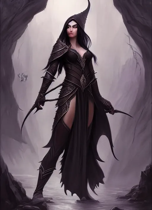 Image similar to d & d concept art of gorgeous elven woman with raven black hair in the style of stefan kostic, realistic, half body shot, sharp focus, 8 k high definition, insanely detailed, intricate, elegant, art by stanley lau and artgerm, foggy backgeound, fantasy