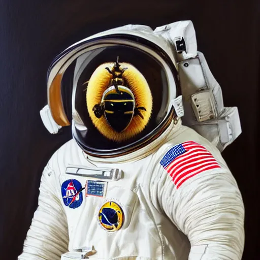 Image similar to oil painting of a big bee face in a astronaut suit with helmet, 35mm, photo, Epic, cinematic, highly detailed and intricate