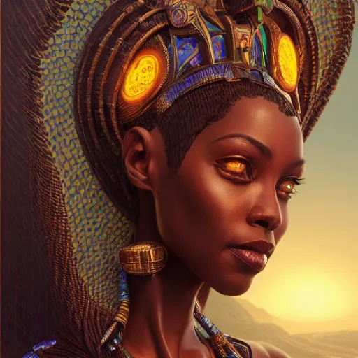 Image similar to highly detailed portrait of an african egyptian goddess, intricate alien technology, stephen bliss, unreal engine, fantasy art by greg rutkowski, loish, rhads, ferdinand knab, makoto shinkai and lois van baarle, ilya kuvshinov, rossdraws, tom bagshaw, global illumination, radiant light, detailed and intricate environment