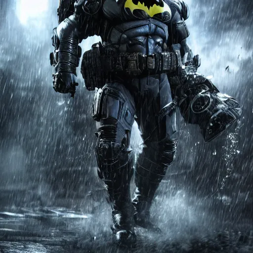 Image similar to 'Albert Einstein'! as Batman in Gears of War, splash art, movie still, detailed face, cinematic lighting, dramatic, octane render, long lens, shallow depth of field, bokeh, anamorphic lens flare, 8k, hyper detailed, 35mm film grain