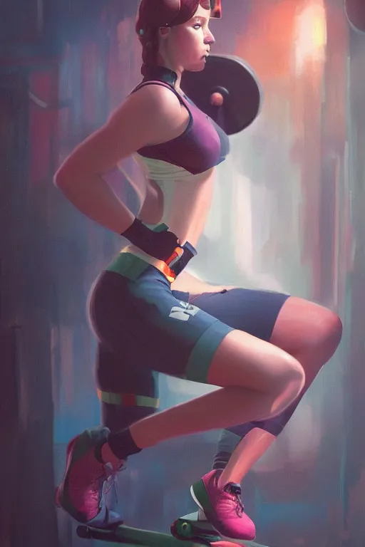 Image similar to a portrait of a cute female gym instructor, dieselpunk setting, vivid colors, soft lighting, atmospheric, cinematic, moody, in the style of artgerm and greg rutkowski, oil on canvas, 8 k