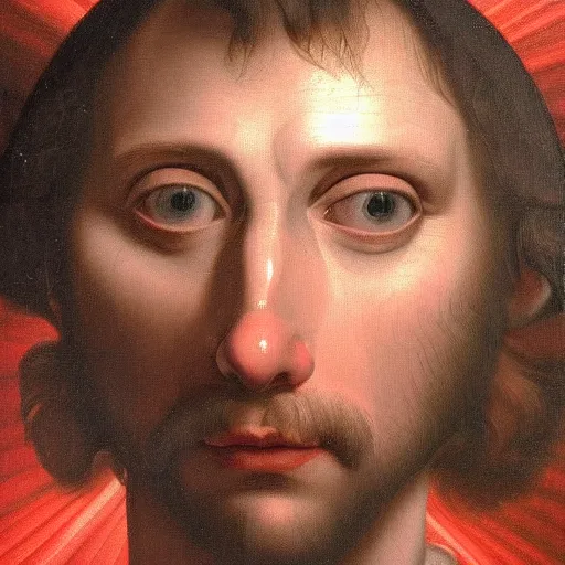 Prompt: painting portrait of a man with massive vibrant red light beams coming out of his eyes, matte painting, close up, masterpiece, high details, clear white eyes, by Caravaggio