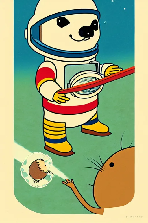 Image similar to by richard scarry. astronaut capybara. a 1 9 5 0 s retro illustration. studio ghibli. muted colors, detailed