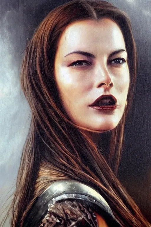 Image similar to hyperrealism oil painting, close - up portrait of carole bouquet medieval brunette vampire fashion model, knight, steel gradient mixed with nebula sky, in style of baroque