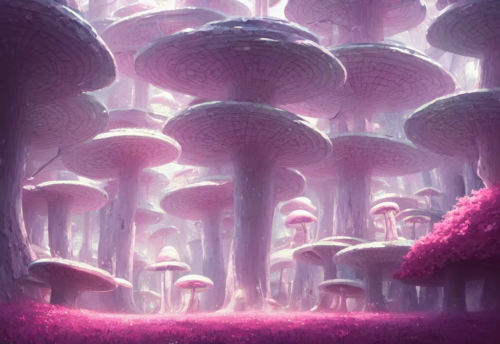 Image similar to a small chubby pink futuristic castle in a forest of giant white mushrooms, intricate oil painting, high detail illustration, sharp high detail, manga and anime 1 9 9 9, official fanart behance hd artstation by jesper ejsing and makoto shinkai, 4 k,