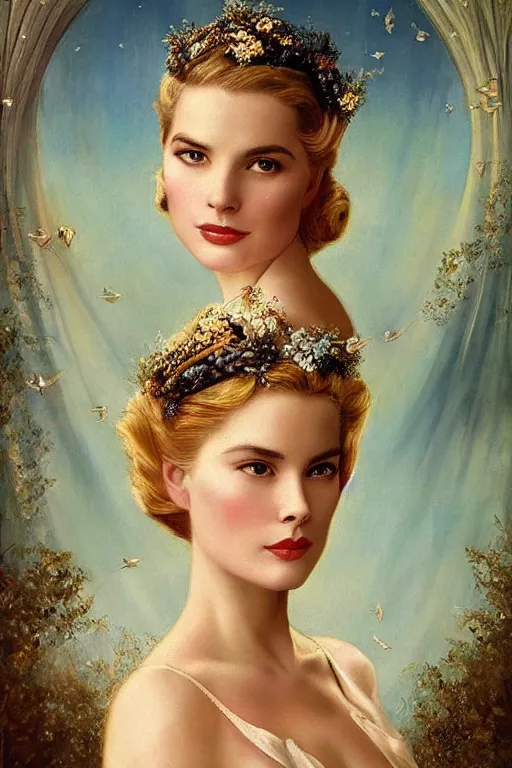 Image similar to A young and extremely beautiful Grace Kelly explaining the birds and the bees by Tom Bagshaw in the style of a modern Gaston Bussière, art nouveau, art deco, surrealism. Extremely lush detail. Perfect composition and lighting. Profoundly surreal. Lush surrealistic photorealism. Sultry expression on her face.