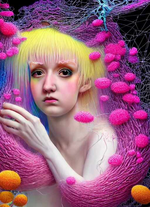 Image similar to hyper detailed 3d render like a Oil painting - kawaii portrait Aurora (white haired Singer Ferret) seen Eating of the Strangling network of yellowcake aerochrome and milky Fruit and Her delicate Hands hold of gossamer polyp blossoms bring iridescent fungal flowers whose spores black the foolish stars by Jacek Yerka, Mariusz Lewandowski, Houdini algorithmic generative render, Abstract brush strokes, Masterpiece, Edward Hopper and James Gilleard, Zdzislaw Beksinski, Mark Ryden, Wolfgang Lettl, hints of Yayoi Kasuma, octane render, 8k