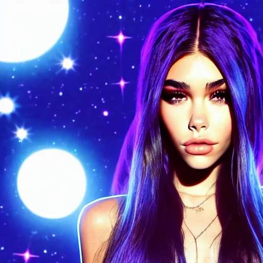 Image similar to madison beer a an intergalactic popstar dancing on a planet, render, blender render, unity render, 4 k wallpaper, art station trending, artstation 4 k coherent, coherent, 4 k, detailed, hyperdetailed, artifact - free, completely coherent, sharp, madison beer