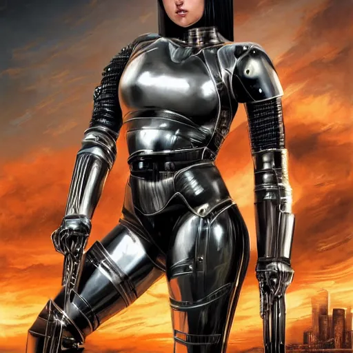 Prompt: a full bodied portrait of beautiful, disciplined, young woman in latex battle armor suit by sandra chevrier, detailed render, epic composition, cybernetics, 4 k realistic, cryengine, realistic shaded lighting, sharp focus, masterpiece, by matteo scalera, gary montalbano, peter elson in the style of the tokyo ghost comic, epic angles