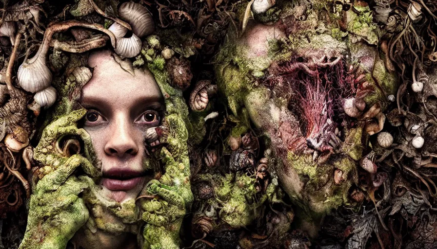 Prompt: a extremely horror photograph of a human made out of nature and fungus, intricate, hyperrealism, sharp focus, cinematography, highly detailed, octane render, horror cgi 4 k, matte, photograph by professional photographer