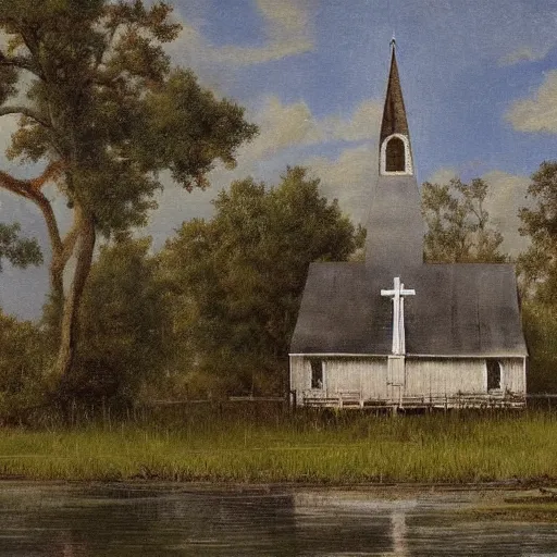 Image similar to 1 9 e century southern gothic scene, old white wooden church in bayou swamps, in louisiana, old painting style claude gellee