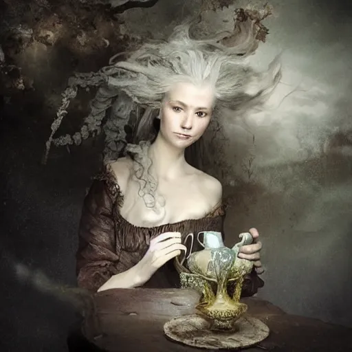 Prompt: A 18th century, messy, silver haired, (((mad))) elf princess, dressed in a ((ragged)), wedding dress, is ((drinking a cup of tea)), in her right side is a porcelain tea set. Everything is underwater and floating. Mystical, dreamlike, atmospheric, scarry, horroristic shadows, ((greenish blue tones)), theatrical, (((underwater lights))), high contrasts. fantasy concept art by Henry Meynell Rheam, Monet, and John Everett Millais