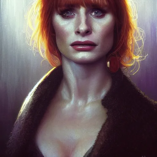 Prompt: an portrait of bryce dallas howard as a replicant from blade runner, detailed, centered, digital painting, artstation, concept art, donato giancola, joseph christian leyendecker, wlop, boris vallejo, breathtaking, 8 k resolution, extremely detailed, beautiful, establishing shot, artistic, hyperrealistic, beautiful face, octane render