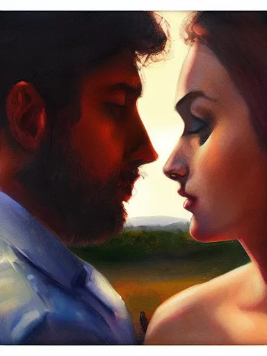 Image similar to masterpiece painting by salman toor, of a solo individual portrait of a guy and a girl kissing, cinematic light, renaissance, atmospheric effects, artstation