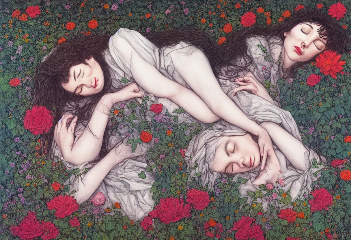 Image similar to ! dream portrait of kate bush sleeping in a garden by james jean