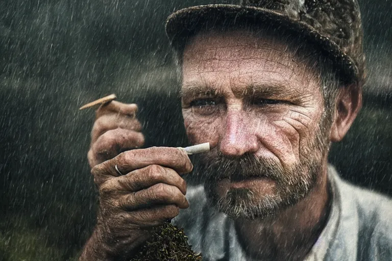 Prompt: a cinematic headshot portrait of a farmer, smoking outside a wooden cabin, raining, shallow depth of field, dramatic lighting, by krenz cushart