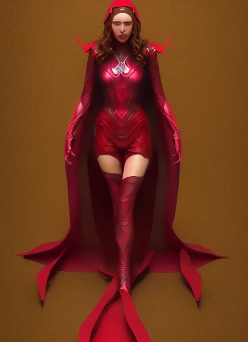 Image similar to Scarlet Witch, full body portrait, hyper detailed, digital art, trending in artstation, cinematic lighting, studio quality, smooth render, unreal engine 5 rendered, octane rendered, illustration, art style by klimt and nixeu and ian sprigger and wlop and krenz cushart