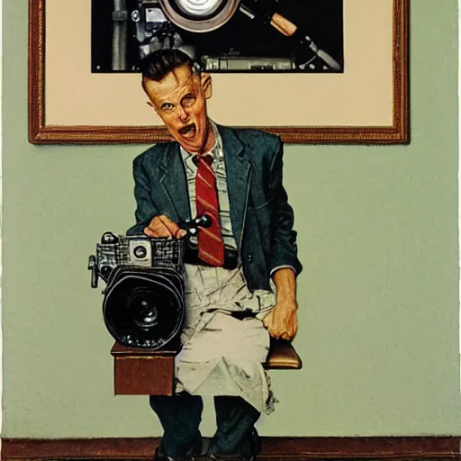 Image similar to norman rockwell painting of a man holding a large television - video - camera