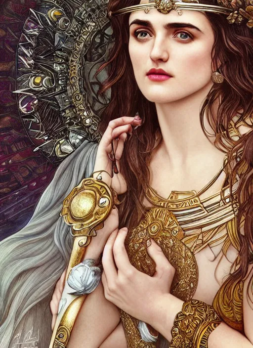 Prompt: Katie Mcgrath as a Greek Goddess, beautiful detailed eyes, cute, fantasy, intricate, elegant, highly detailed, digital painting, 4k, HDR, concept art, detailed jewelry, smooth, sharp focus, illustration, art by Artgerm, H R Giger and Alphonse Mucha