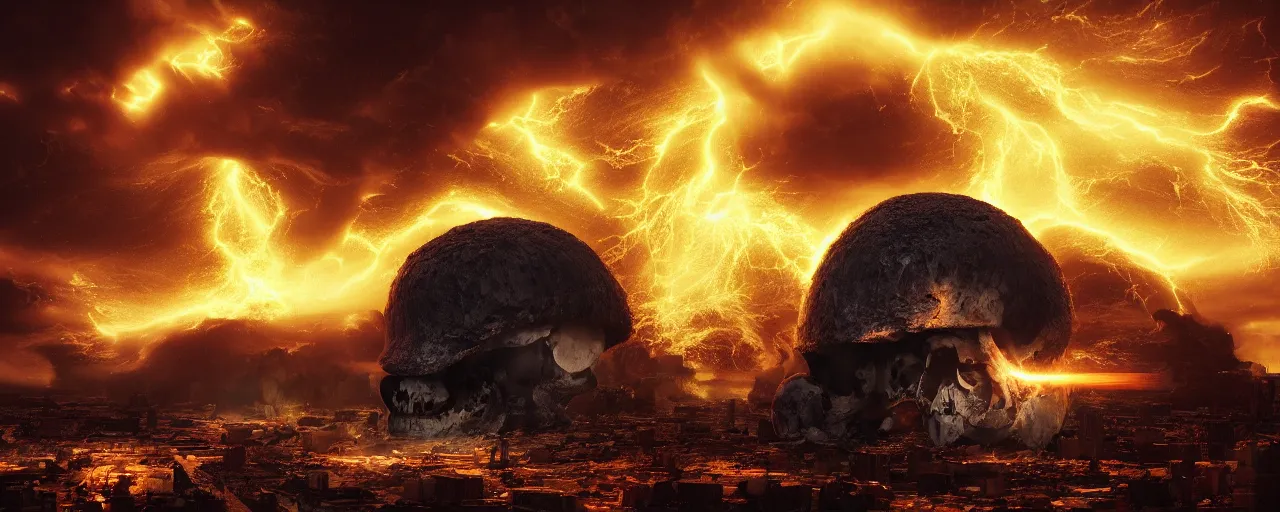 Image similar to extreme nuclear explosion with a mushroom cloud in the shape of a giant skull, destructive shockwave, in a European city, atmospheric, trending on artstation, 4K, subsurface scattering, global illumination, raytracing, cinematic lighting, UHD, HDR