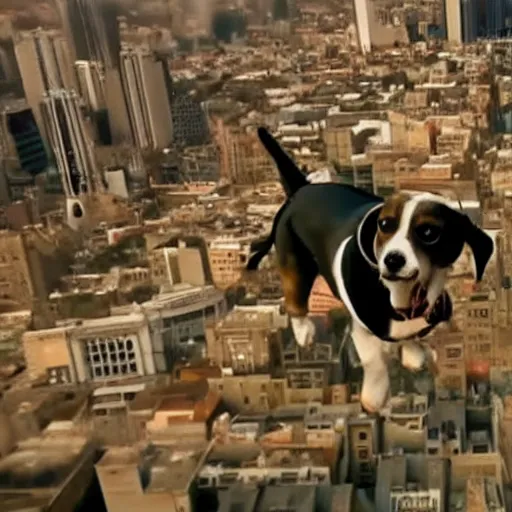 Image similar to gigantic 1 0 0 0 metres beagle walking over a city, epic cinematic, 4 k, very high detail, epic scale