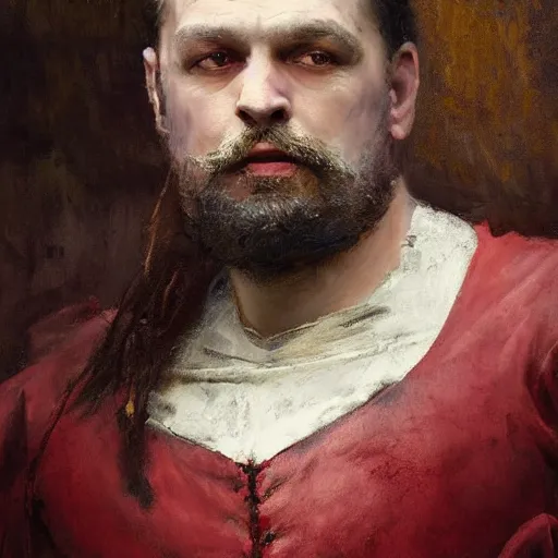 Image similar to Solomon Joseph Solomon and Richard Schmid and Jeremy Lipking victorian genre painting portrait painting of a old rugged movie actor medieval knight character in fantasy costume, red background