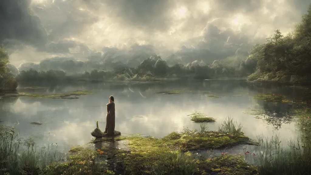 Image similar to a ultradetailed beautiful matte painting of a peaceful pond with a clear water and a magical wind blowing gently, landscape, high resolution 4 k, by tom bagshaw, greg rutkowski, charli bowater and artgeem