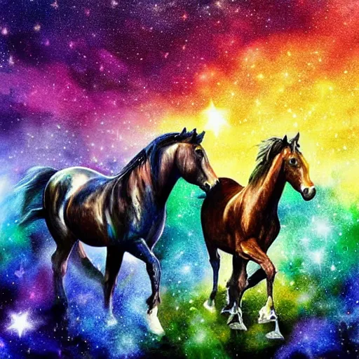 Prompt: horses over a bright colorful rainbow under a dark starred night, dark fantasy, digital art, watercolour, high detail, colorful, dreaming illusion