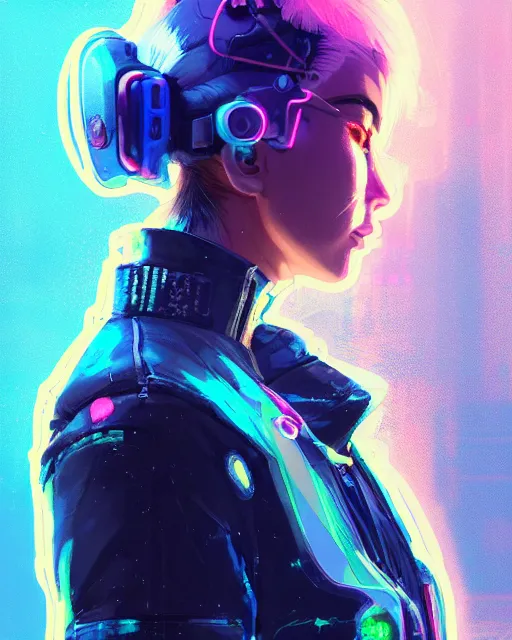 Image similar to detailed side profile portrait Neon Operator Girl, cyberpunk futuristic neon, reflective puffy coat, decorated with traditional Japanese ornaments by Ismail inceoglu dragan bibin hans thoma greg rutkowski Alexandros Pyromallis Nekro Rene Maritte Illustrated, Perfect face, fine details, realistic shaded, fine-face, pretty face