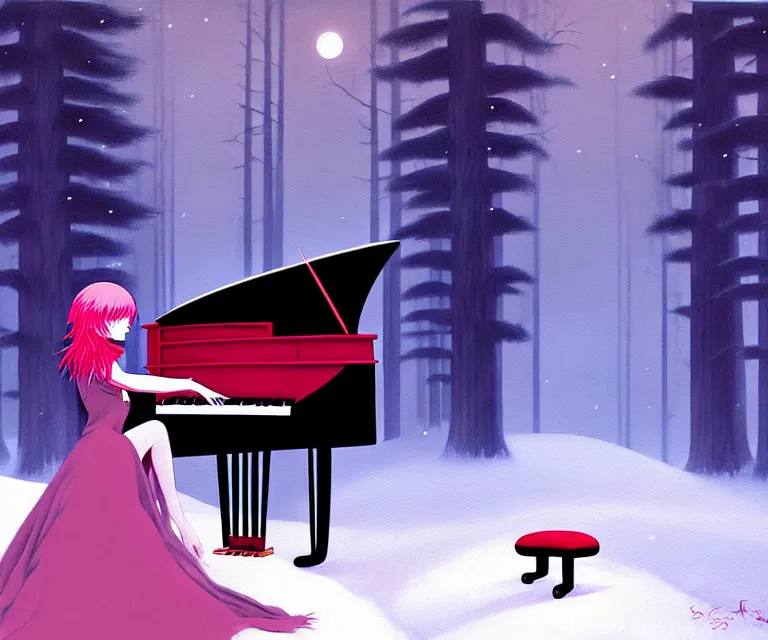 Prompt: a painting of a beautiful face gothic girl, pink hair in a stunning red dress playing a piano in the dark snowy forestby randolph stanley hewton, cg society contest winner, matte painting studio ghibli, fantasy, medium shot, asymmetrical, intricate, elegant, matte painting, illustration