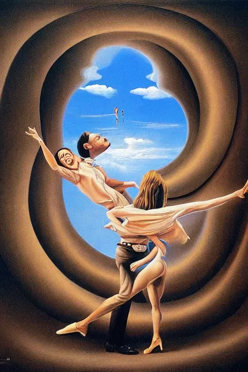 Image similar to optical illusion painting of a couple dancing in a worm hole, illusionism, mind blow, by leandro erlich and salvador dali, detailed