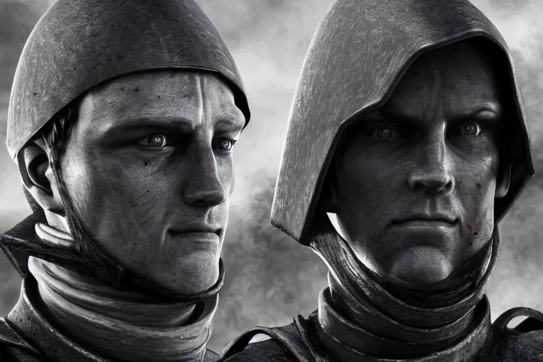 Image similar to still photo of renaissance age war man looking at the camera in a battlefield, black and white color aesthetic, highly detailed, photorealistic portrait, bright studio setting, studio lighting, crisp quality and light reflections, unreal engine 5 quality render