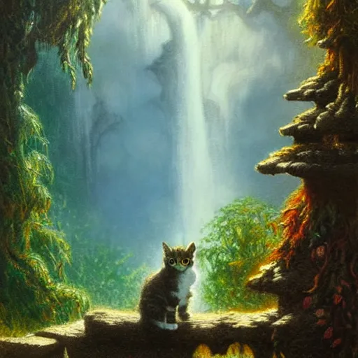 Image similar to painting of one kitten in the enchanted forest standing on the steps and watching the waterfall, fantasy, intricate, extremely detailed, matte, featured in artstation, art by louis wain, greg rutkowski