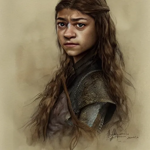 Prompt: portrait of zendaya as arya stark, by jean - baptiste monge