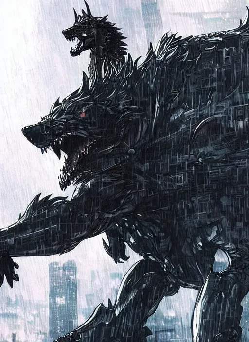 Image similar to Giant wolf with glowing eyes towering over a fantasy city, raining. In style of Yoji Shinkawa and Hyung-tae Kim, trending on ArtStation, dark fantasy, great composition, concept art, highly detailed, dynamic pose.