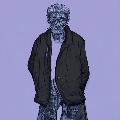 Image similar to detailed digital art of a old person wearing ragged and ruined clothes. the background is black with a little bit of glow behind the character