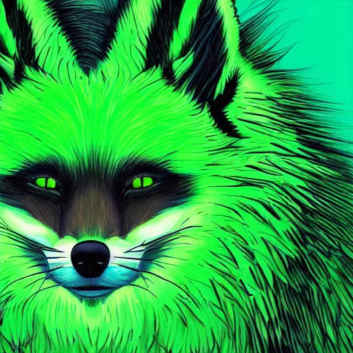 Prompt: digital lime green fox, lime green retrowave palette, lime green digital world, highly detailed, electric breeze, anatomically correct vulpine, synth feel, fluffy face, ear floof, flowing fur, super realism, accurate animal imagery, 4 k digital art