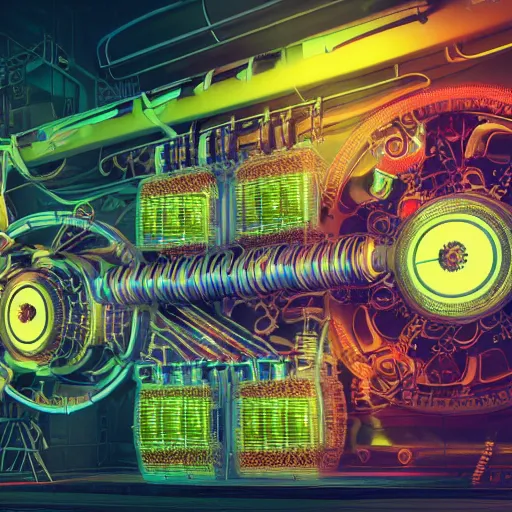 Image similar to album art, album is called tripmachine, text tripmachine, photo of a huge futuristic steampunk machinery with gears and belts, many tubes and cables, 8 k, fluorescent colors, halluzinogenic, multicolored, exaggerated detailed, front shot, 3 d render, octane