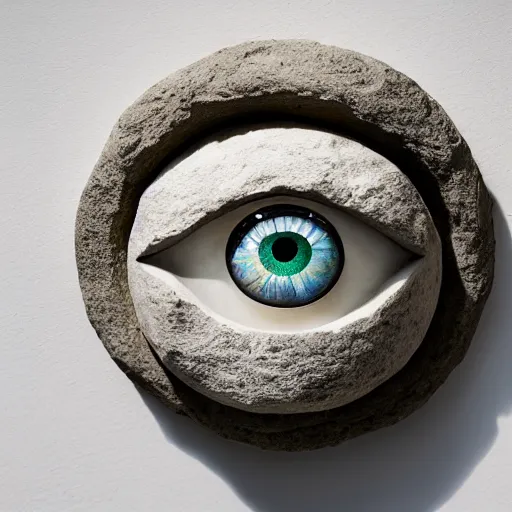 Image similar to medium - shot museum photo of sculpture of an ancient stone eye, almond shape, the white limestone sclera, the black stone pupil, greece, rome, studio lighting, professional, promo,