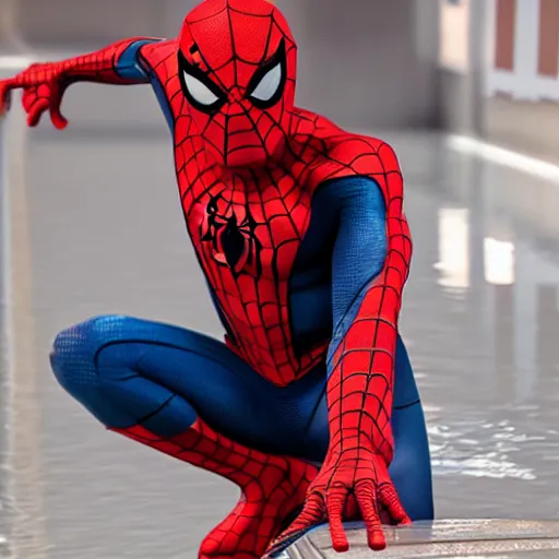 Prompt: spider - man peeing in the public pool, 4 k realistic photo