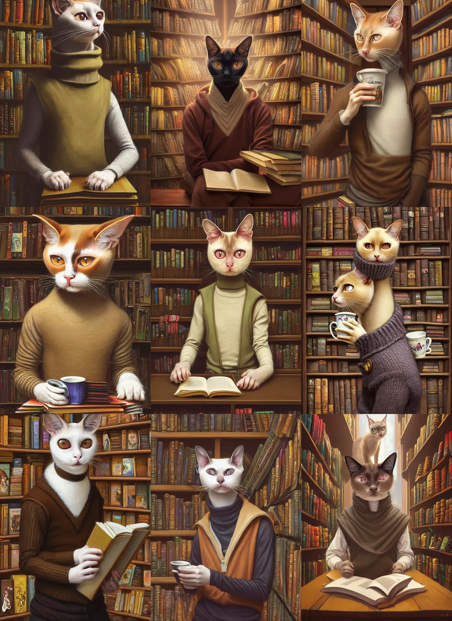 Prompt: photography of a male anthropomorphic siamese cat fursona wearing a sweatervest sitting in a bookstore coffee shop, deep focus, intricate, elegant, highly detailed, digital painting, artstation, concept art, matte, sharp focus, illustration, d & d, fantasy, hearthstone, art by artgerm and greg rutkowski and alphonse mucha