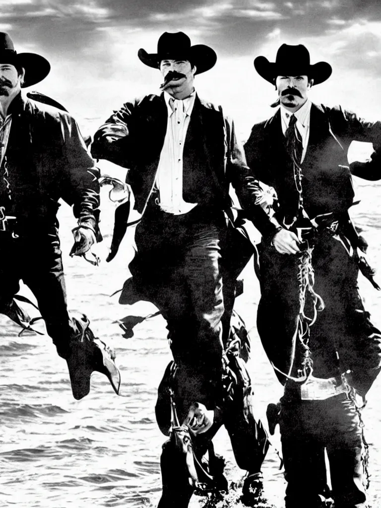 Prompt: portrait of wyatt earp and doc holliday, ocean's 1 1 movie scene, frank sinatra, brad pitt, in the style of movie scene from 2 0 0 1 ocean's 1 1,