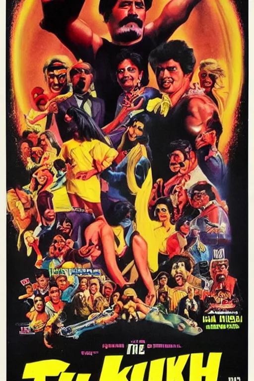 Prompt: vintage movie poster 1 mil $ kulk, hulk hogan, bollywood, india, gishnu, 1 9 8 2, drew struzan inspiration