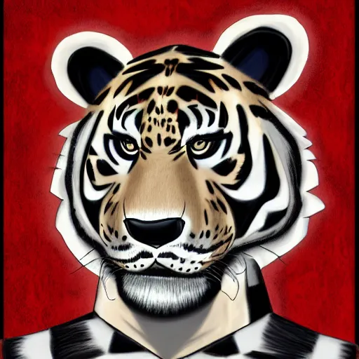 Prompt: A full-body portrait of Tony The Tiger dressed in gothic clothing and wearing eyeliner. Digital painting.