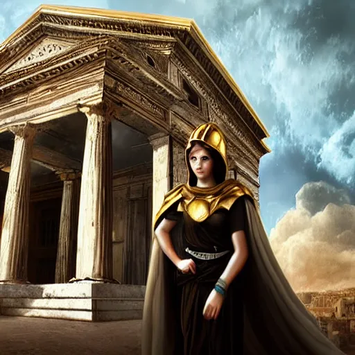 Image similar to young ancient greek woman in golden helmet, giant grey-haired bearded male face in the sky, marble pantheon palace in the sky, clouds background, epic fantasy style art, fantasy epic digital art