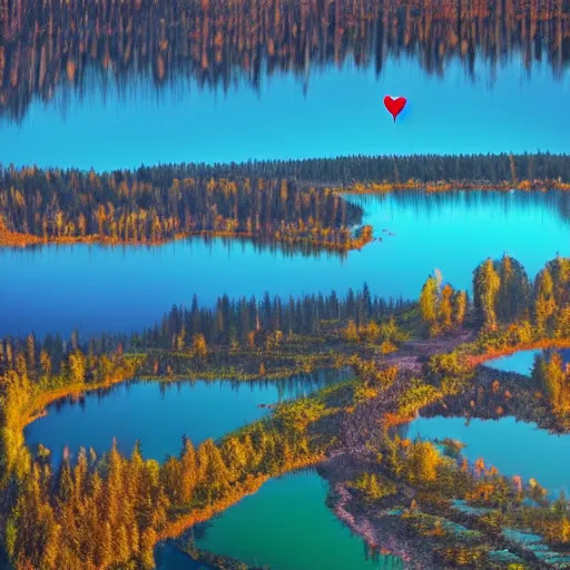 Prompt: photo of two black swans swimming in a beautiful reflective mountain lake, touching heads, forming a heart with their necks, a colorful hot air balloon is flying above the swans, hot air balloon, intricate, 8k highly professionally detailed, HDR, CGsociety