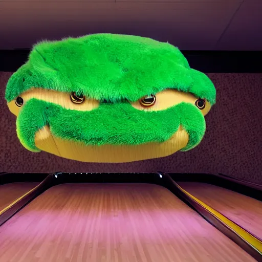 Prompt: cinematic photo of a giant taxidermized furry green crab in a bowling alley