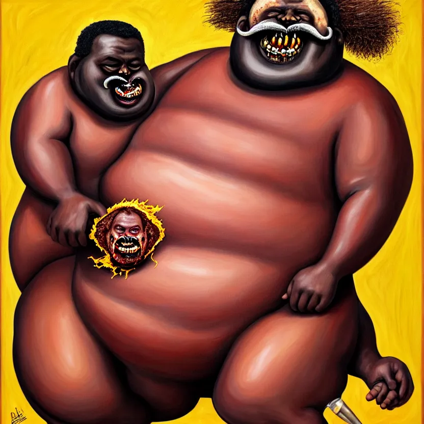 Image similar to painting of a very fat flesh - eating tsikalawe with a thick moustache sitting on a throne, eating the leg of a terrified man, his hair is a nuclear explosion, cute, hilarious, disturbing, nightmare, highly detailed, funny, hahahaha, by david cronenberg, found on artstation, hyperrealistic digital art