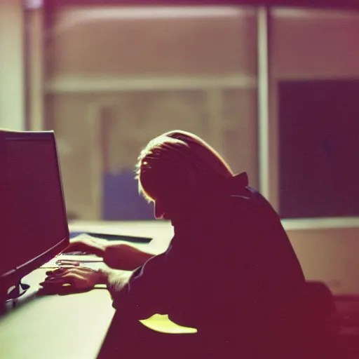 Image similar to kodak portra 4 0 0 photograph of a skinny blonde guy sitting at a 9 0 s computer screen, messy desk, back view, moody lighting, telephoto, 9 0 s vibe, blurry background, vaporwave colors!, faded!,